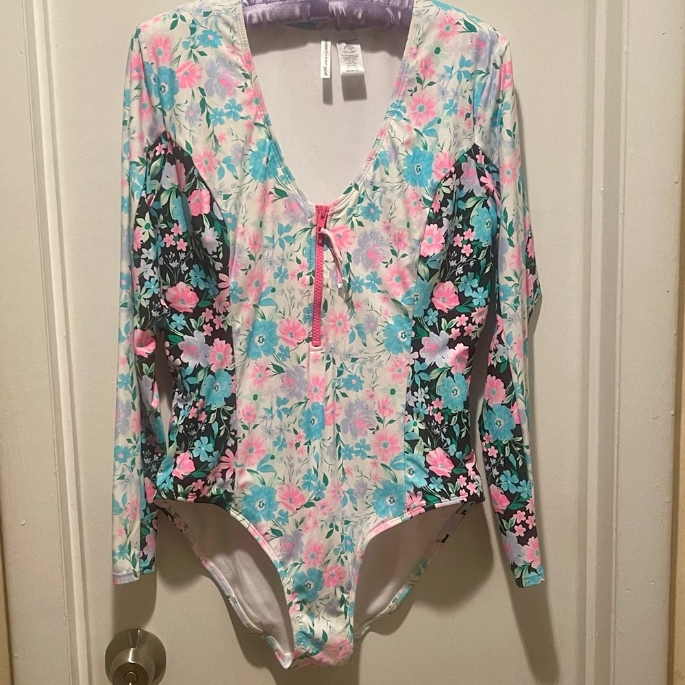 Celebrity Pink Euro Style Long Sleeve One Piece Swimsuit, Junior 15-17